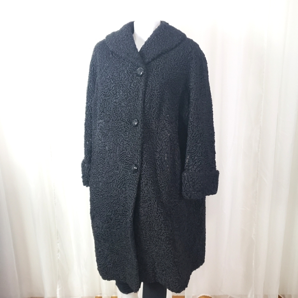 Vintage Adlerblum black curly lamb fur coat mid-length large